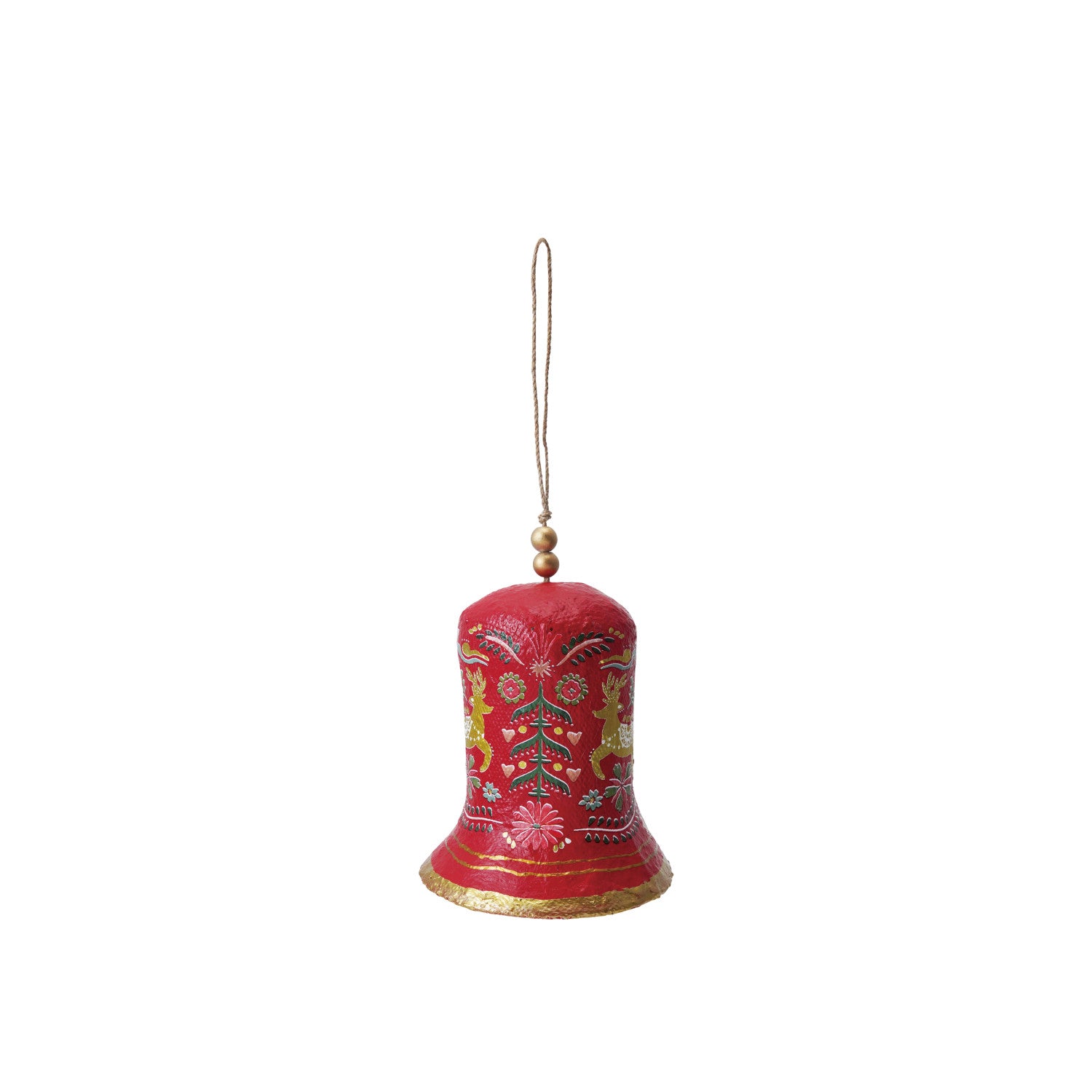 Hand-Painted Metal & Paper Mache Bell Ornament with Deer & Floral Design