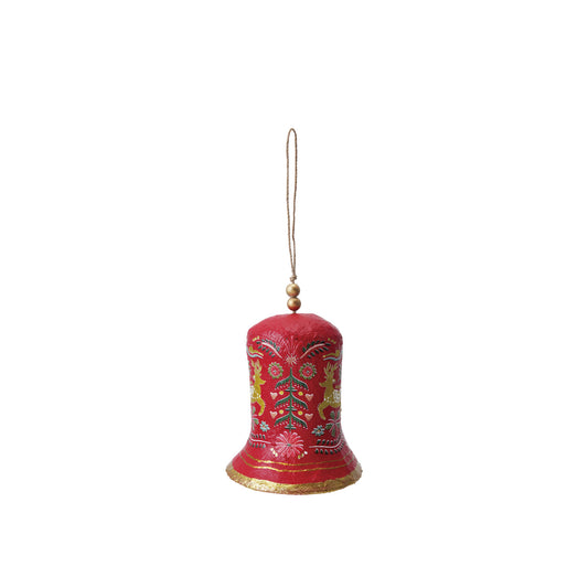 Hand-Painted Metal & Paper Mache Bell Ornament with Deer & Floral Design