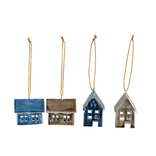 2-1/4"H - 3"H Enameled Metal House Ornament, 2 Styles, 2 Colors