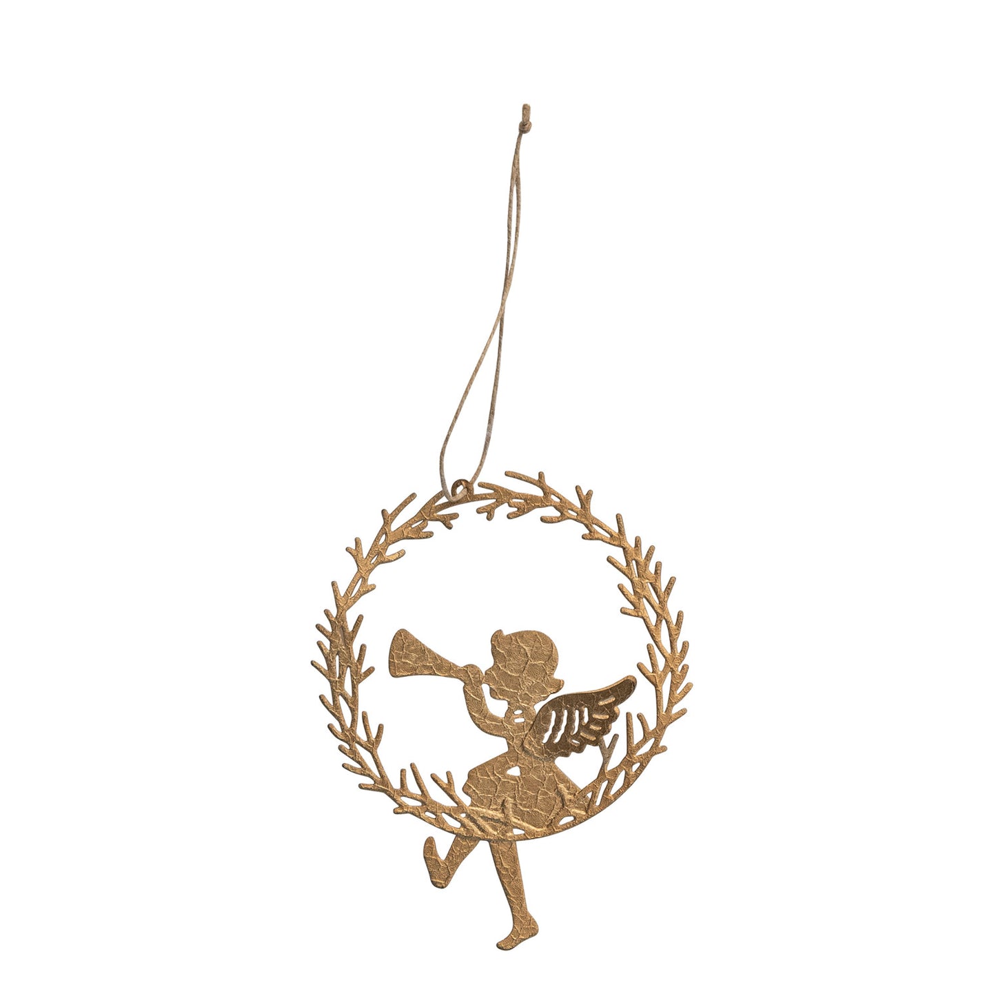 Metal Angel Sitting on Wreath with Trumpet Ornament, Gold Finish