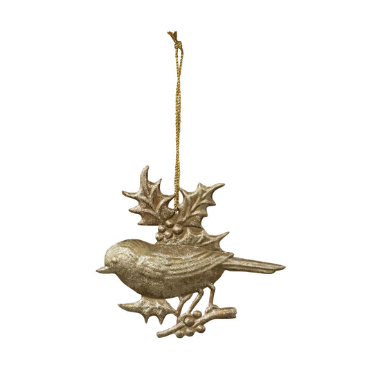 6-3/4"L Embossed Metal Bird with Holly Ornament, Gold Foil Finish