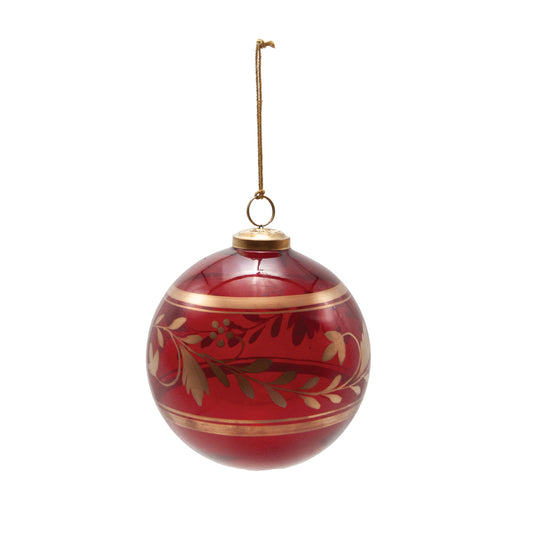 Hand-Painted Glass Ball Ornament with Botanicals, Red & Gold Finish