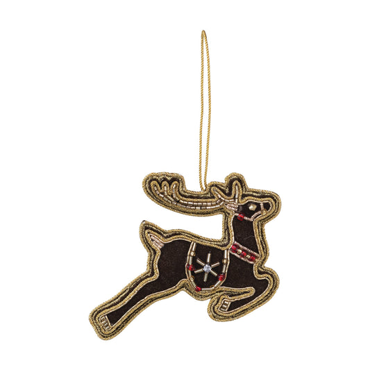 4-1/4"L Handmade Beaded Fabric Reindeer Ornament with Embroidery