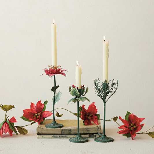 Painted Metal Pine Sprig Shaped Taper Holder