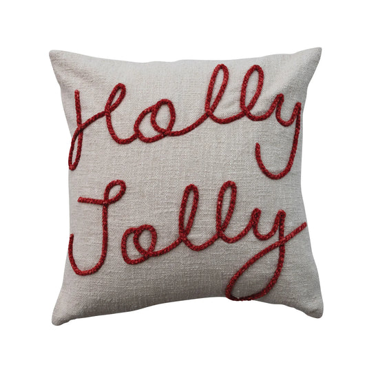 20" Square Cotton Pillow with Embroidered "Holly Jolly"