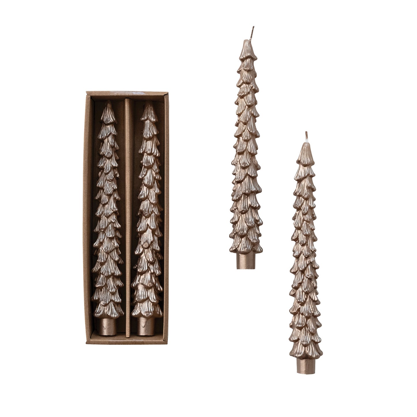 10" Tree Shaped Taper Candles in Box, Champagne Color, Set of 2
