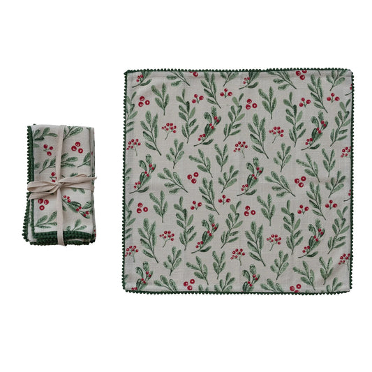 Set/4 Cotton Slub Printed Napkins with Mini Pom Pom Trim