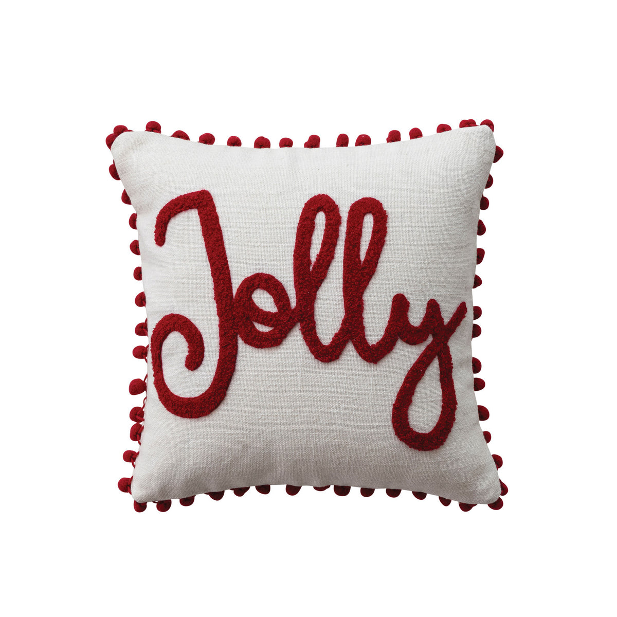 12" Square Cotton Slub Pillow with Pom Pom Trim & Tufted "Jolly"
