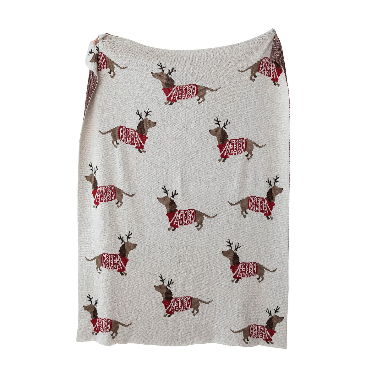 Cotton Knit Throw with Daschunds in Antlers & Sweaters