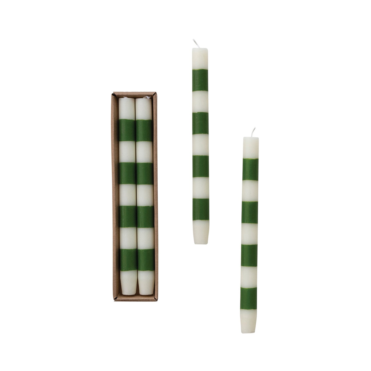 10" Green Stripe Taper Candles in Box Set/2