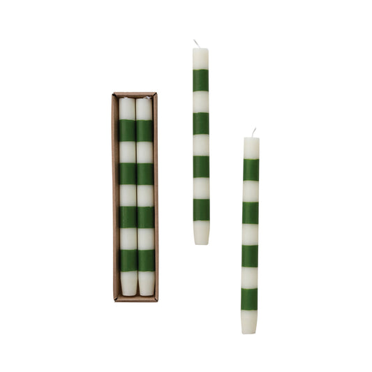 10" Green Stripe Taper Candles in Box Set/2