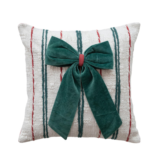 18" Velvet Bow Cotton Slub Pillow