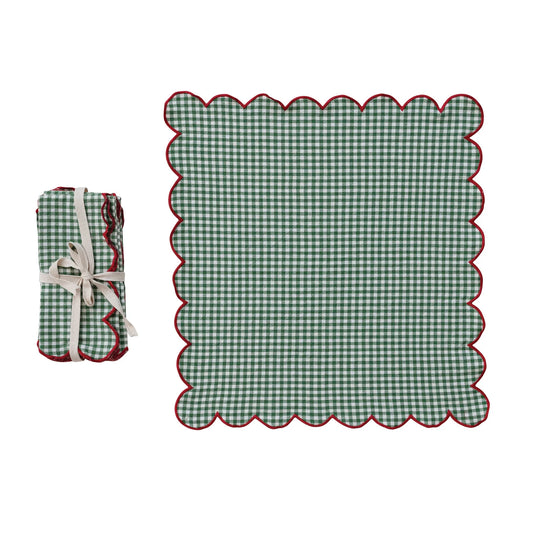Set/4 Cotton Scalloped Napkins & Contrasting Stitched Edge