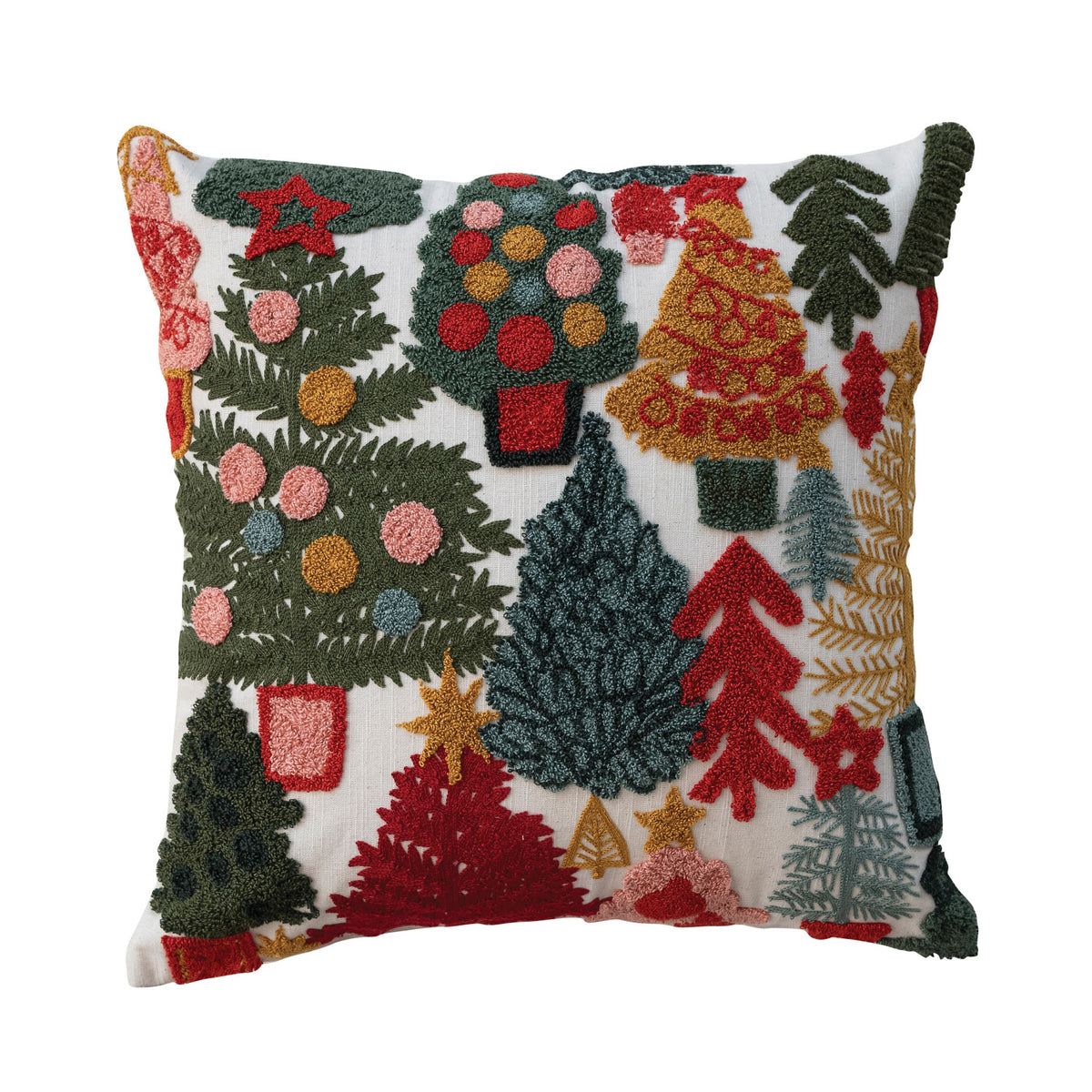 18" Square Cotton Slub Pillow with Embroidered Christmas Trees