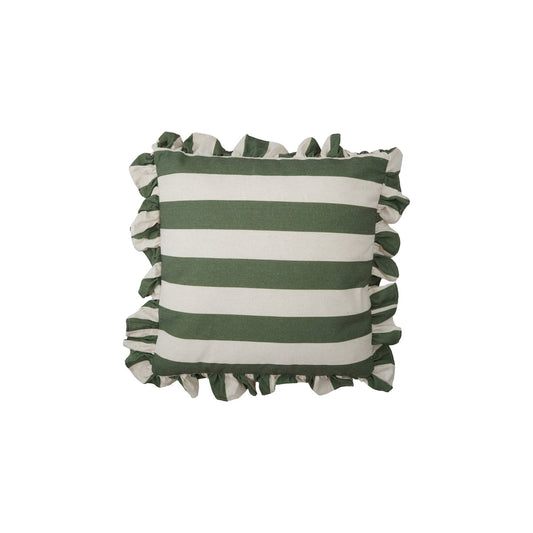 18" Square Fabric Green Striped Pillow with Ruffle