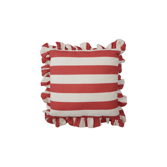 18" Square Fabric Red Striped Pillow with Ruffle